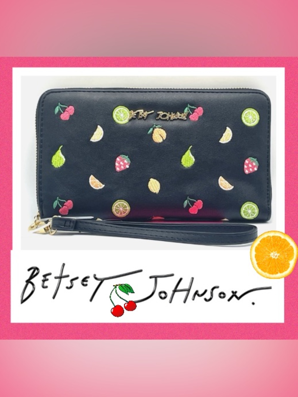 Betsey Johnson Black Fruit-Embroidered Wristlet/Wallet - Picture 2 of 4